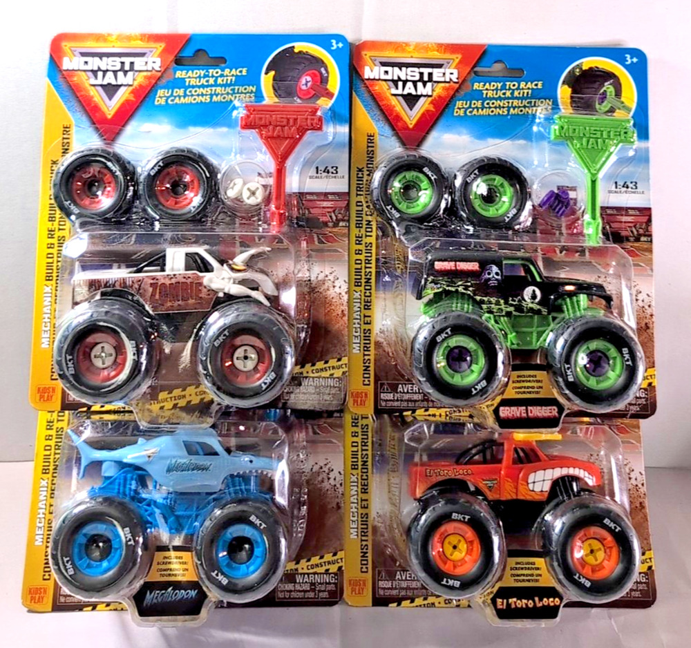 Monster Jam Mechanix Build-It Complete Set! x4 Grave Digger Meg ETL Zombie